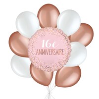"16e Anniversaire" French Sweet Sixteen Birthday Balloon Bouquet with Latex Balloons, Rose Gold/White, 10-pk, Helium Inflation & Ribbon Included Front_Flat