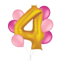 Number "4" Gold Balloon Bouquet with Latex Balloons, Bright Pink/New Pink, 7-pk, Helium Inflation & Ribbon Included for Birthday/Anniversary Front_Flat