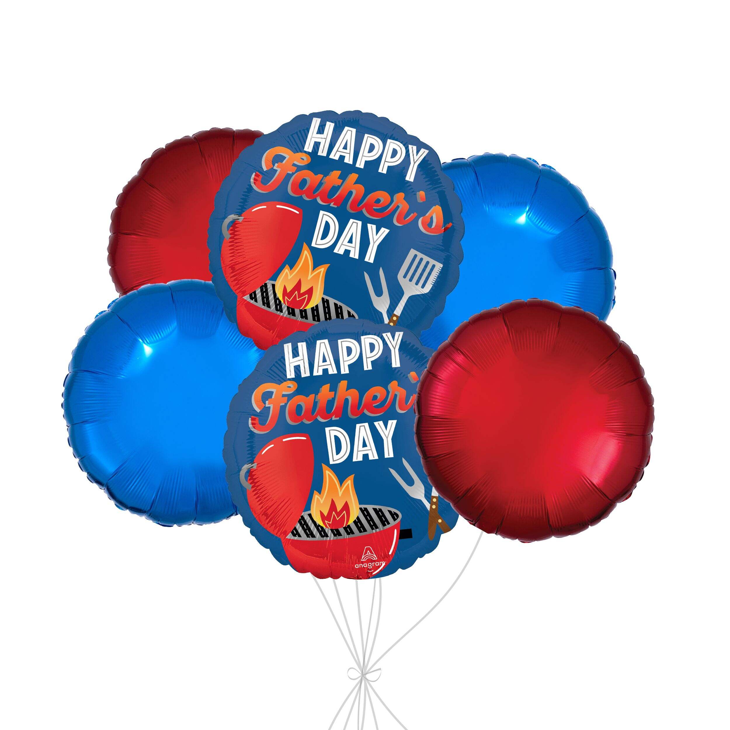 Bouquet de ballons Grill-iant Dad Happy Father’s Day avec ballons ronds en aluminium bleus et rouges, paq. 6, gonflement à l’hélium et ruban compris Front_Flat