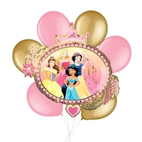 Disney Princess Supershape Balloon Bouquet with Latex Balloons, New Pink/Gold, 7-pk, Helium Inflation & Ribbon Included for Kids’ Birthday Front_Flat