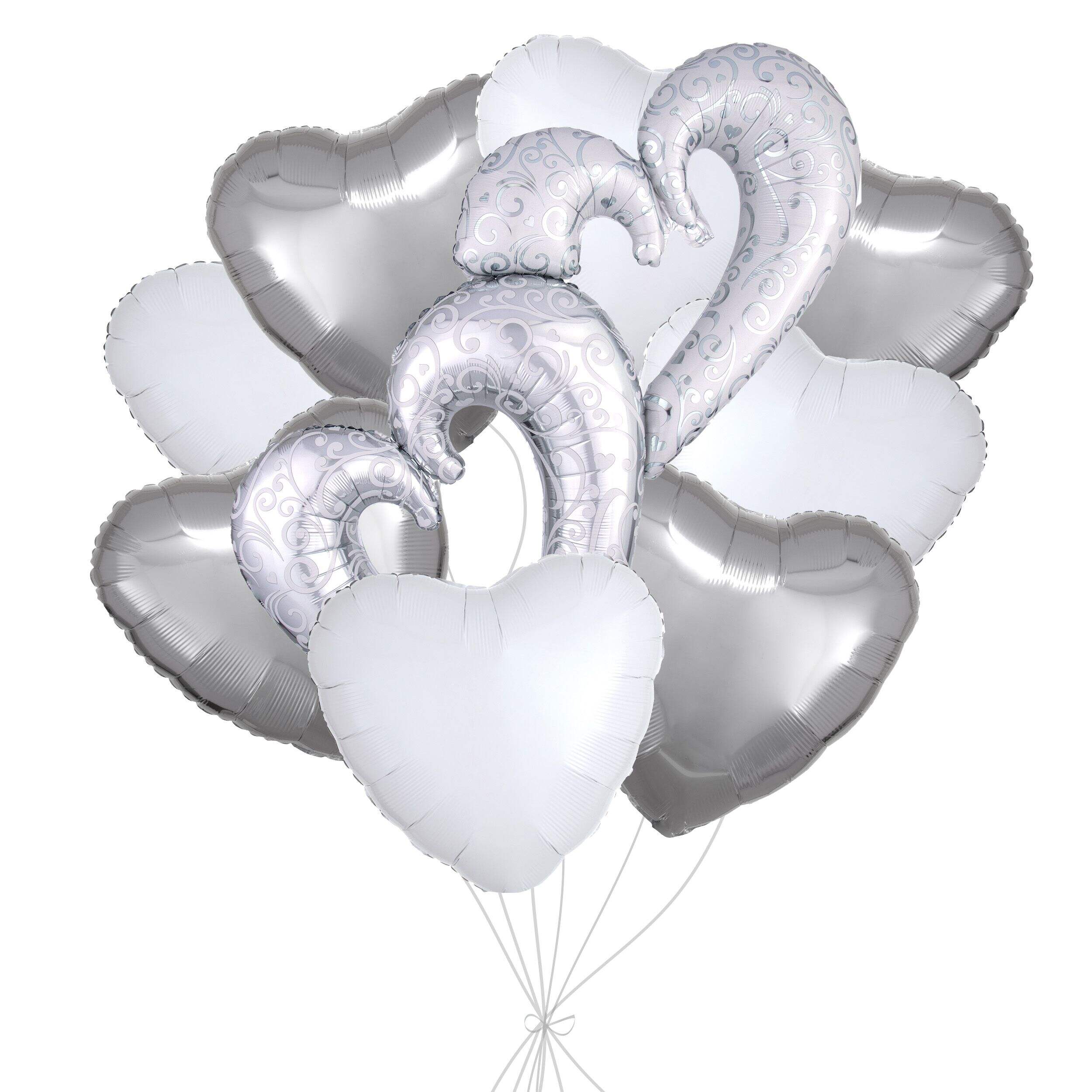 Double Heart Swirl Supershape Balloon Bouquet with Heart Foil Balloons, Silver/White, 9-pk, Helium Inflation & Ribbon Included for Wedding/Engagement Front_Flat