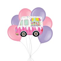 Here's the Scoop Truck Supershape Balloon Bouquet with Latex Balloons, Lavender/Pink, 7-pk, Helium Inflation & Ribbon Included Front_Flat