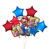 "Super Mario" Jumbo Balloon Bouquet with Star Foil Balloons, Blue/Red, 9-pk, Helium Inflation & Ribbon Included for Kids’ Birthday Front_Flat