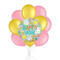 "Happy Easter!" Cute Icons Balloon Bouquet with Latex Balloons, Yellow/Pink, 10-pk, Helium Inflation & Ribbon Included Front_Flat