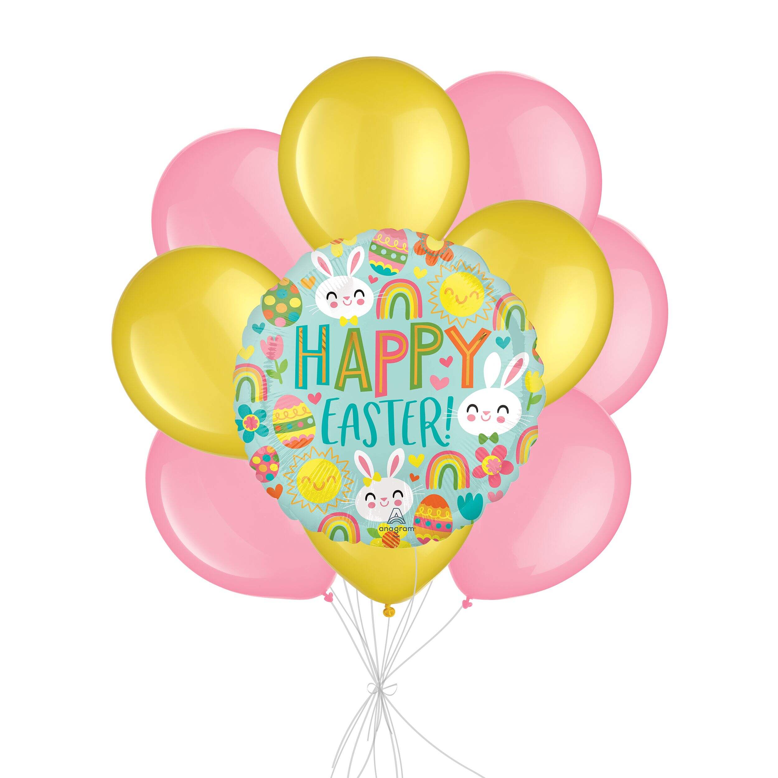"Happy Easter!" Cute Icons Balloon Bouquet with Latex Balloons, Yellow/Pink, 10-pk, Helium Inflation & Ribbon Included Front_Flat