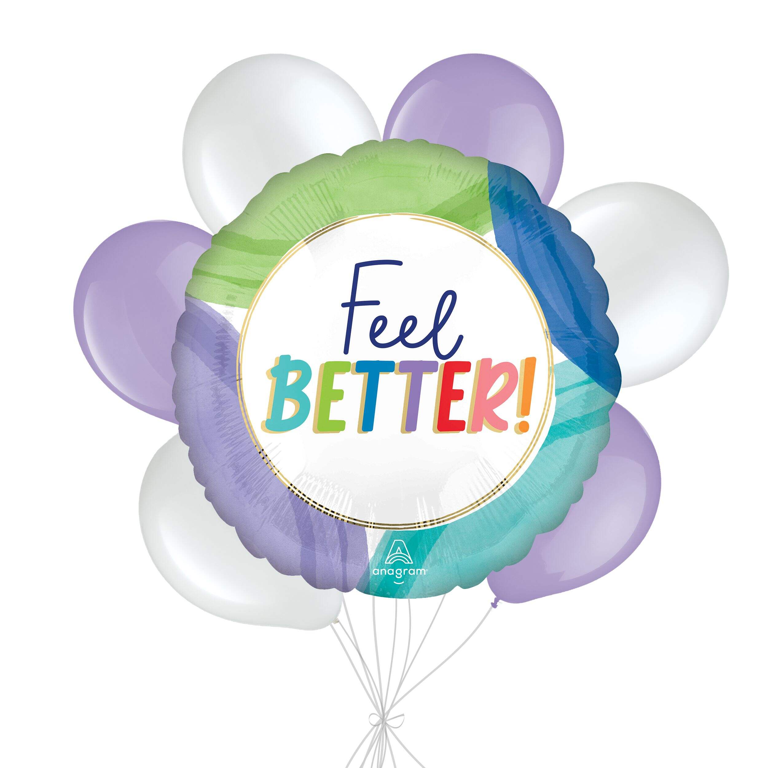 Bouquet de ballons ronds géants métalliques satinés Feel Better avec ballons en latex, multicolore, paq. 7, gonflage à l’hélium et ruban inclus Front_Flat