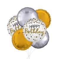 "Happy Birthday" Polka Dot Balloon Bouquet with Round Foil Balloons, Black/Silver/Gold, 6-pk, Helium Inflation & Ribbon Included Front_Flat