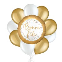 “Bonne Fête” French Happy Birthday Confetti Balloon Bouquet with Latex Balloons, Gold/White, 10-pk, Helium Inflation & Ribbon Included Front_Flat