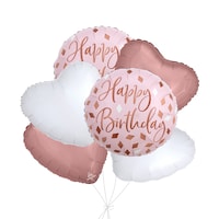 Bouquet de ballons rose Happy Birthday avec ballons en aluminium en forme de coeur roses dorés et blancs, paq. 6, gonflage à l'hélium et ruban inclus
