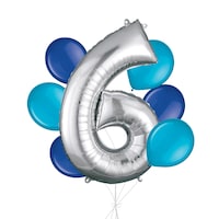 Number "6" Silver Balloon Bouquet with Latex Balloons, Caribbean Blue/Royal Blue, 7-pk, Helium Inflation & Ribbon Included for Birthday/Anniversary
