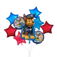 "PAW Patrol" Chase Supershape Balloon Bouquet with Star Foil Balloons, Blue/Red, 9-pk, Helium Inflation & Ribbon Included for Kids’ Birthday Front_Flat