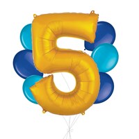 Number "5" Gold Balloon Bouquet with Latex Balloons, Caribbean Blue/Royal Blue, 7-pk, Helium Inflation & Ribbon Included for Birthday/Anniversary Front_Flat
