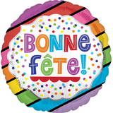 "Bonne Fête" French Round Satin Foil Balloon, Multi-Coloured, Striped, 18-in, Helium Inflation & Ribbon Included for Birthday Party Front_Flat