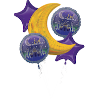 "Eid Mubarak" Moon/Star/Round Satin Foil Balloon Bouquet, Purple/Gold, 5-pk, Helium Inflation & Ribbon Included for Eid/Ramadan Front_Flat