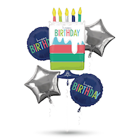 "Happy Birthday" Birthday Cake/Round/Star Satin Foil Balloon Bouquet, Navy Blue/Silver, 5-pk, Helium Inflation & Ribbon Included for Birthday Party
