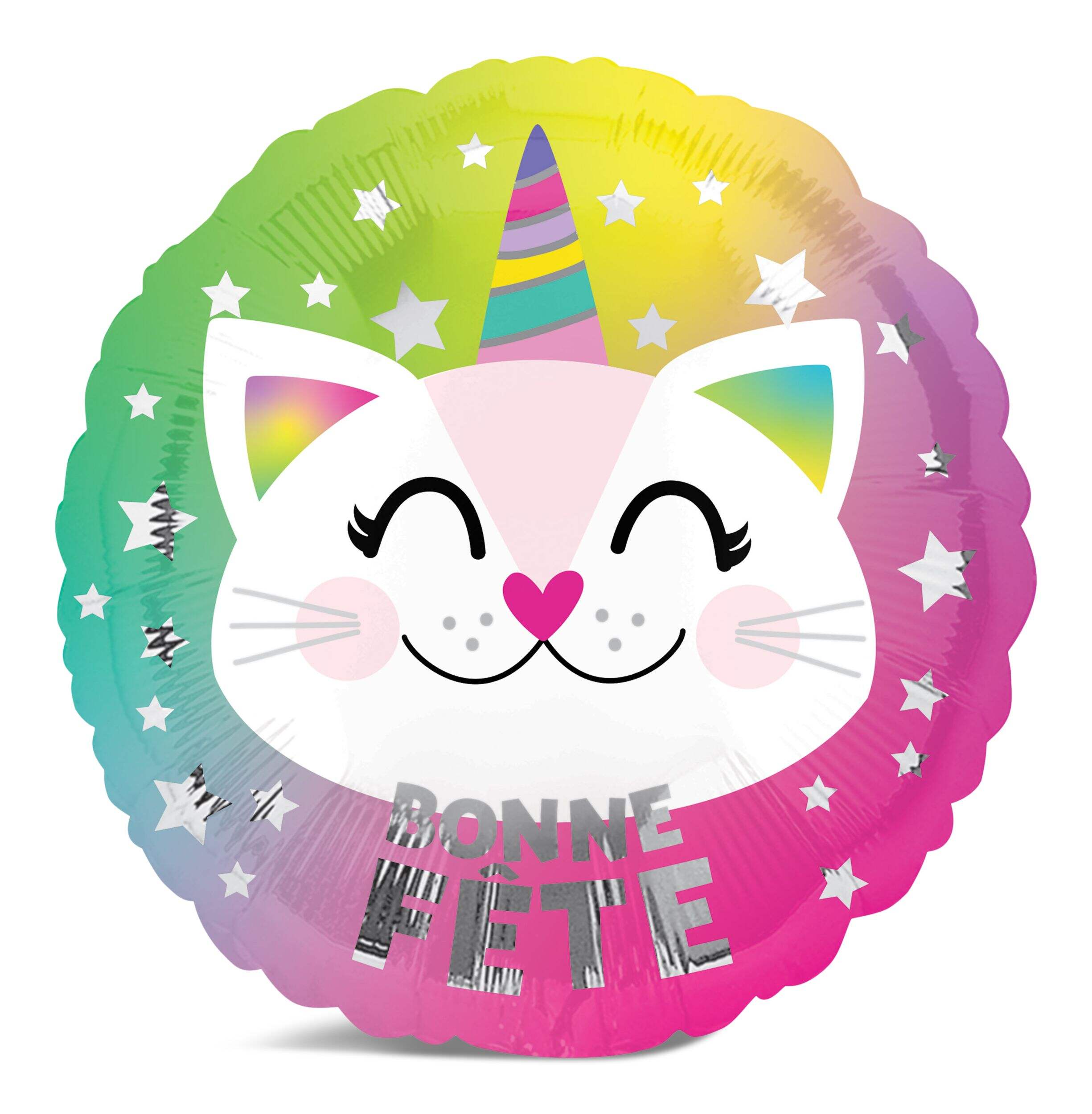 Cat "Bonne Fête" French Round Satin Foil Balloon, Multi-Coloured, Stars, 18-in, Helium Inflation & Ribbon Included for Birthday Party Front_Flat