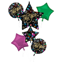 Starlight 'Happy New Year' Foil Balloon Bouquet, Multi-Colour, 5-pk, Helium Inflated Balloons & Ribbon Included, for New Year's Eve Front_Flat