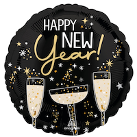 Bubbly Glass "Happy New Year" Foil  Balloon, Beige/Gold, 18-in, Helium Inflation & Ribbon Included, for New Year's Eve Front_Flat