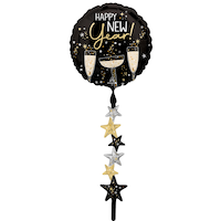 Bubbly "Happy New Year" Gliding Air-Walker Foil Balloon, Black/Gold/Silver, 43-in, Helium Inflation & Ribbon Included, for New Year's Eve Front_Flat