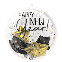 Bubbly 'Happy New Year' Insiders Foil Balloon, Black/Gold/Silver, Helium Inflated New Year Balloon & Ribbon Included, for New Year's Eve Front_Flat