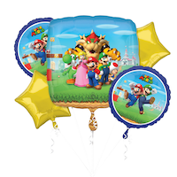 Super Mario Brothers Mushroom Kingdom Satin Foil Balloon Bouquet with Star & Round Balloons, Multi-Coloured, 5-pk, for Mario-Themed Birthday Party