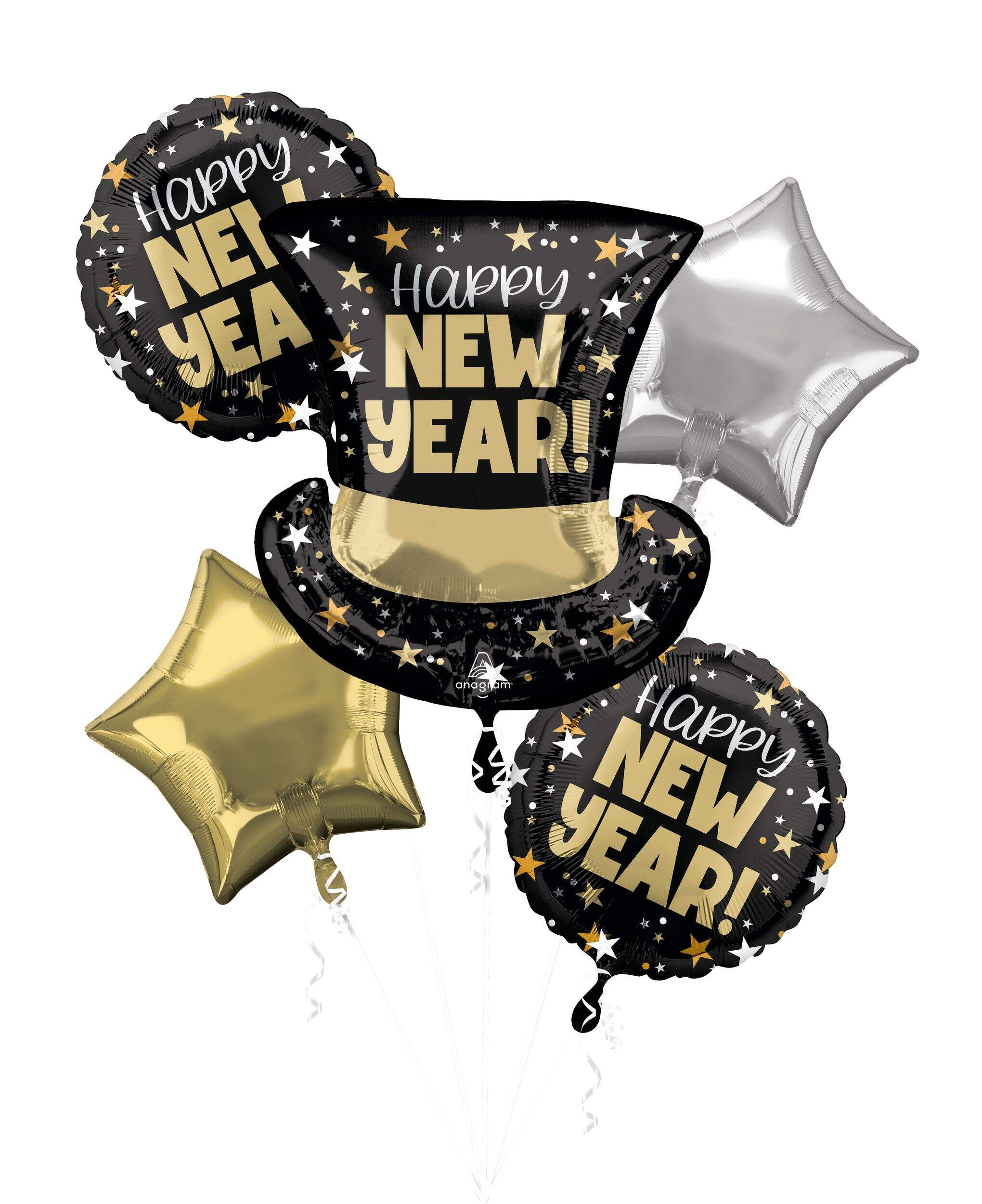Anagram New Year Top Hat Bash Balloon Bouquet, 5-pc Front_Flat