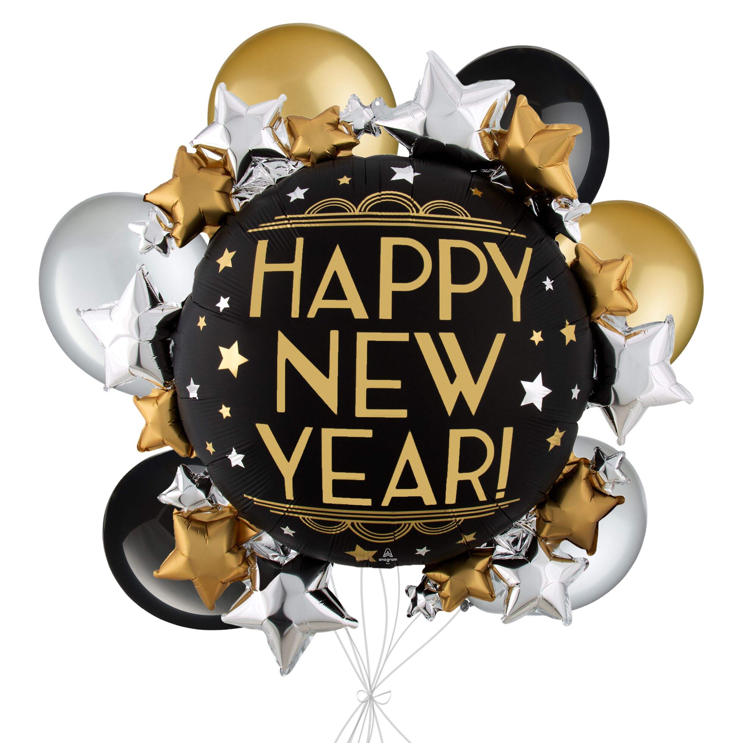 "Happy New Year" Round & Stars Satin Foil Supershape Balloon Bouquet with Pearl Latex Balloons, Gold/Silver/Black, 7-pk, Helium Inflation & Ribbon Included Front_Elevated