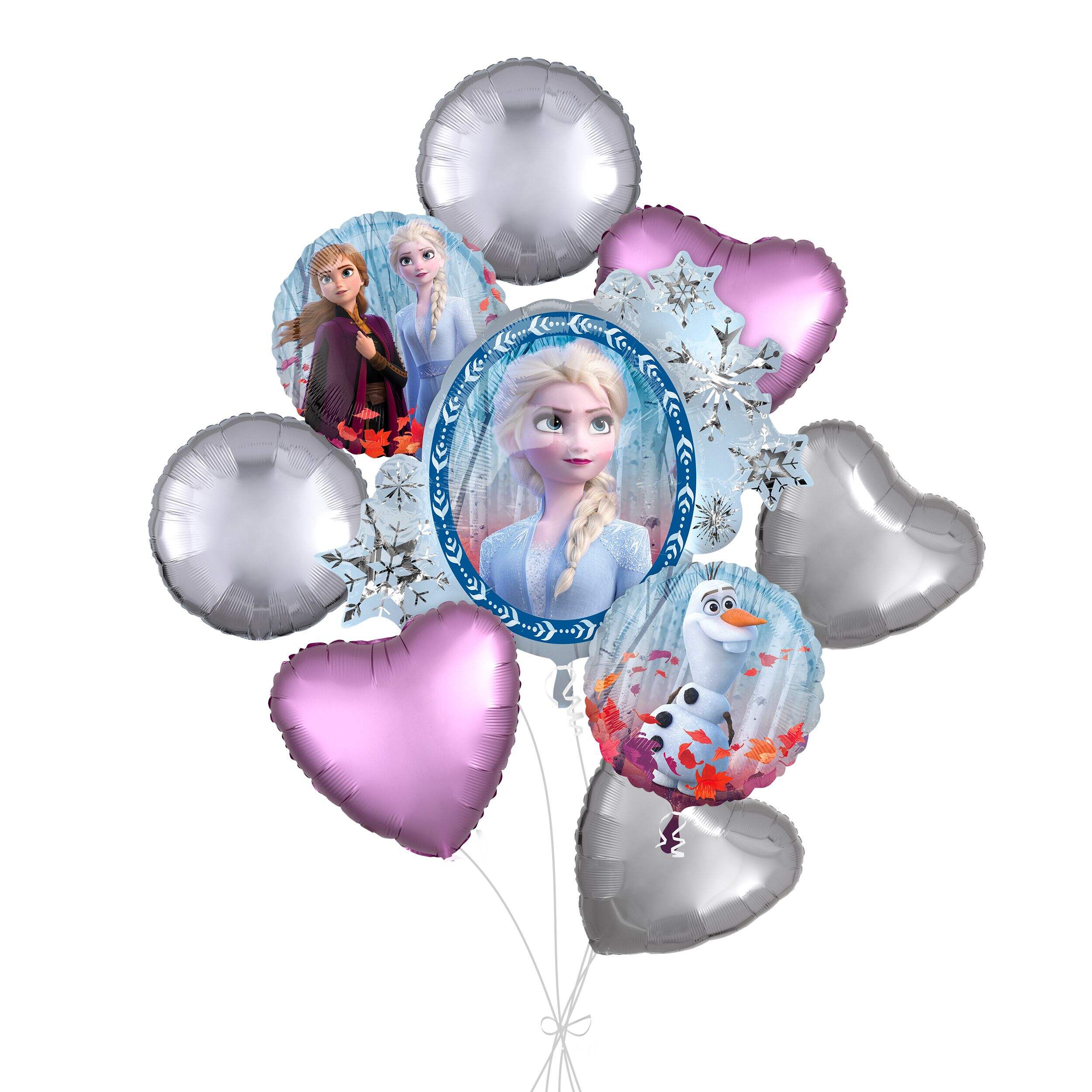 Frozen Elsa, Anna and Olaf Supershape Balloon Bouquet with Heart and Round Foil Balloons, Silver/Pink/Blue, 9-pk, Helium Inflation & Ribbon Included for Kids’ Birthday Front_Flat