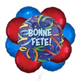 “Bonne Fête!” French Happy Birthday Streamer Jumbo Balloon Bouquet with Round Balloons, Blue/Red, 9-pk, Helium Inflation & Ribbon Included Front_Flat