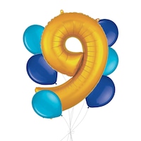 Bouquet de ballons, chiffre 9 doré avec ballons en latex, bleu Caraïbes et bleu royal, paq. 7, gonflage à l'hélium et ruban inclus pour anniversaire