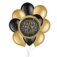 "Happy New Year" Round Satin Foil Balloon Bouquet with Pearl Latex Balloons, Gold/Black, 10-pk, Helium Inflation & Ribbon Included for New Year's Eve Front_Elevated