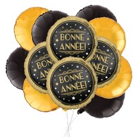 Bouquet de ballons ronds métalliques satinés Bonne année avec ballons métalliques, doré/noir, paq. 12, gonflage à l¿hélium et ruban inclus, pour veille du jour de l¿An