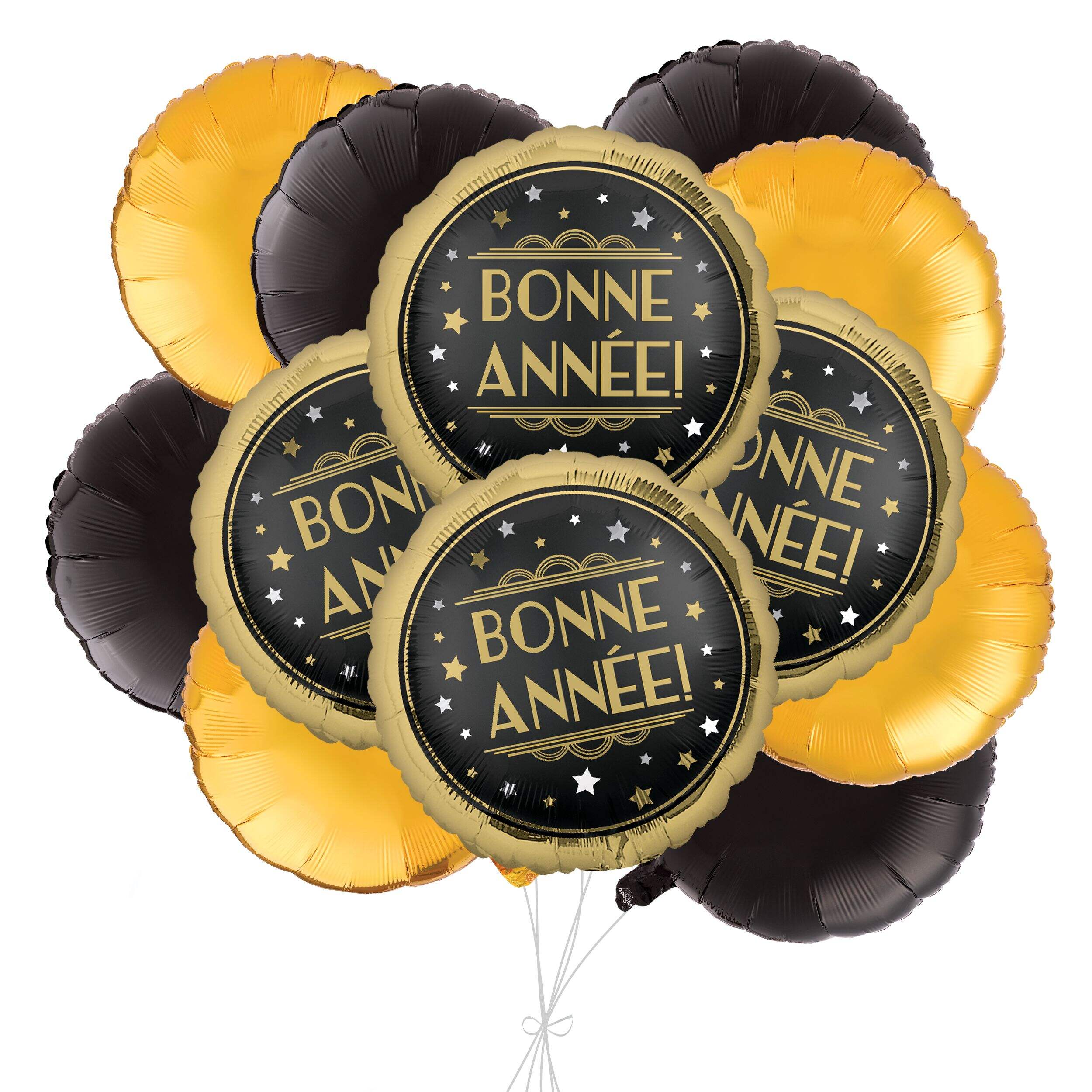 "Bonne Année" French Round Satin Foil Balloon Bouquet with Foil Balloons, Gold/Black, 12-pk, Helium Inflation & Ribbon Included for New Year's Eve Front_Flat