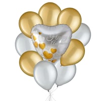 Bouquet de ballons en forme de coeur Happy Anniversary avec ballons en latex dorés et argentés, paq. 10, gonflage à l'hélium et ruban inclus