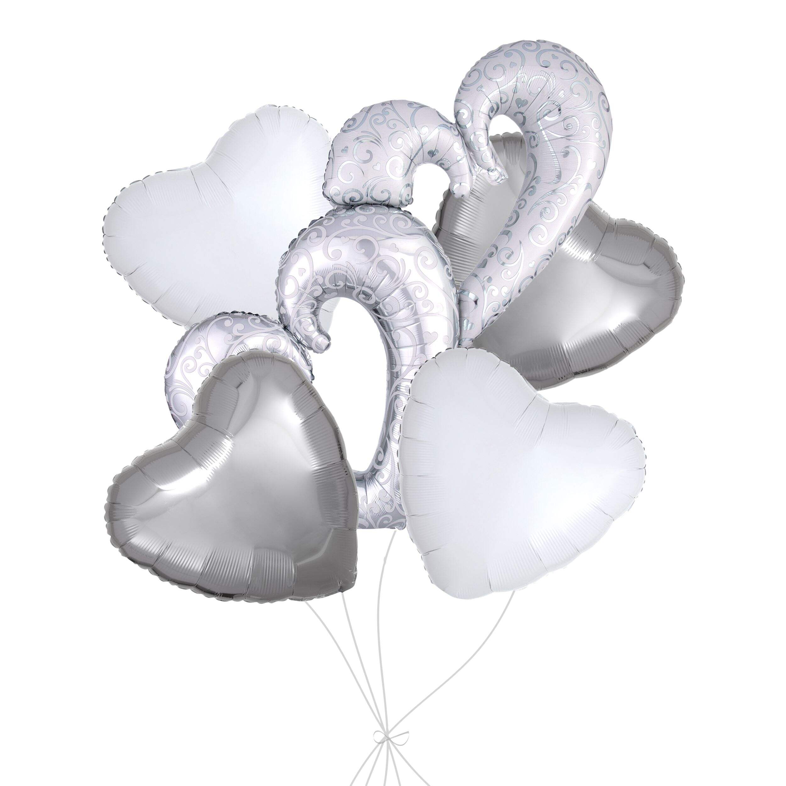 Bouquet de ballons forme super double coeur tourbillon avec ballons en aluminium en forme de coeur argentés et blancs, paq. 5, gonflage à l'hélium et ruban inclus pour mariage et fiançailles Front_Flat
