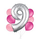 Number "9" Silver Balloon Bouquet with Latex Balloons, Bright Pink/New Pink, 7-pk, Helium Inflation & Ribbon Included for Birthday/Anniversary Front_Flat