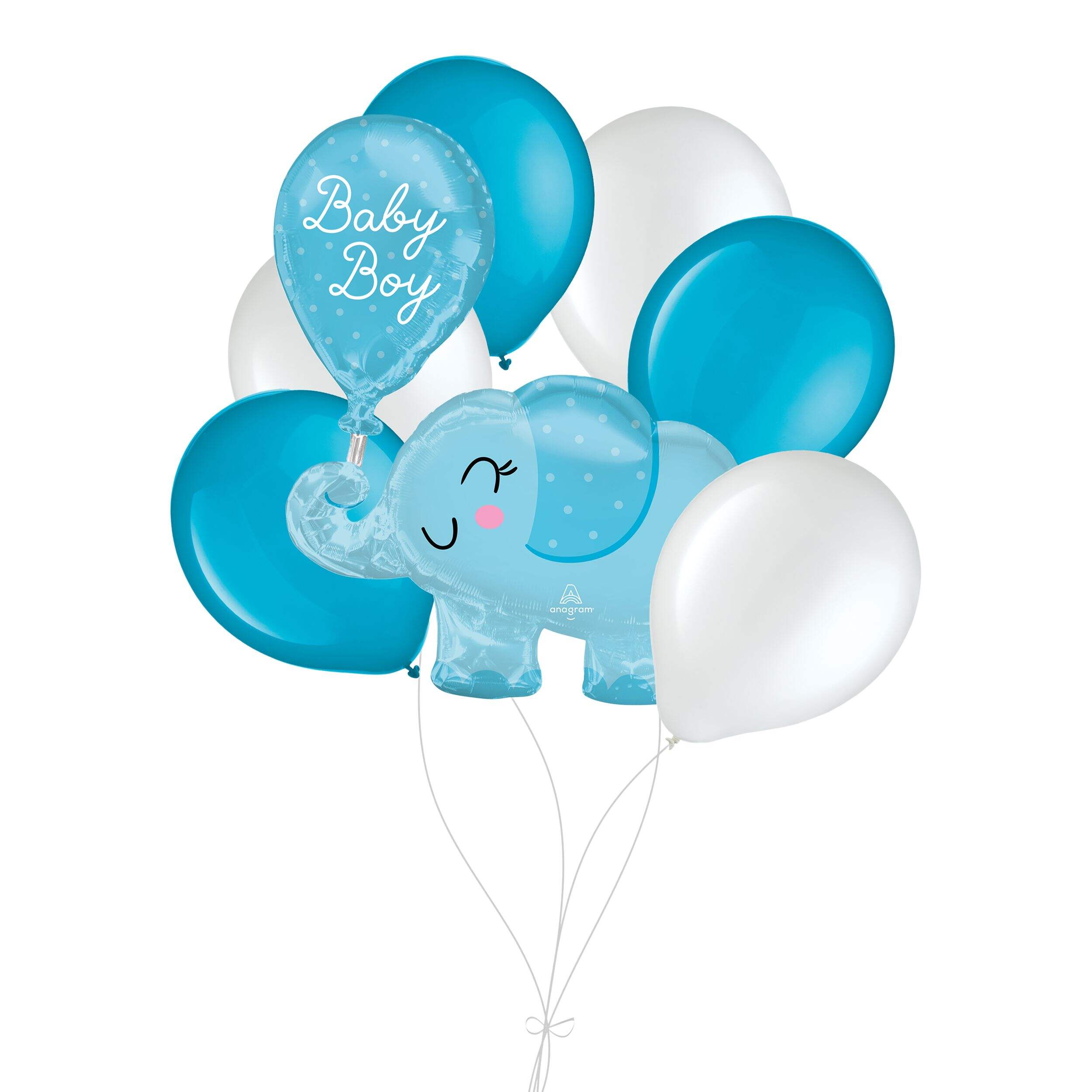"Baby Boy" Elephant Supershape Balloon Bouquet with Latex Balloons, White/Blue, 7-pk, Helium Inflation & Ribbon Included for Baby Shower Front_Flat