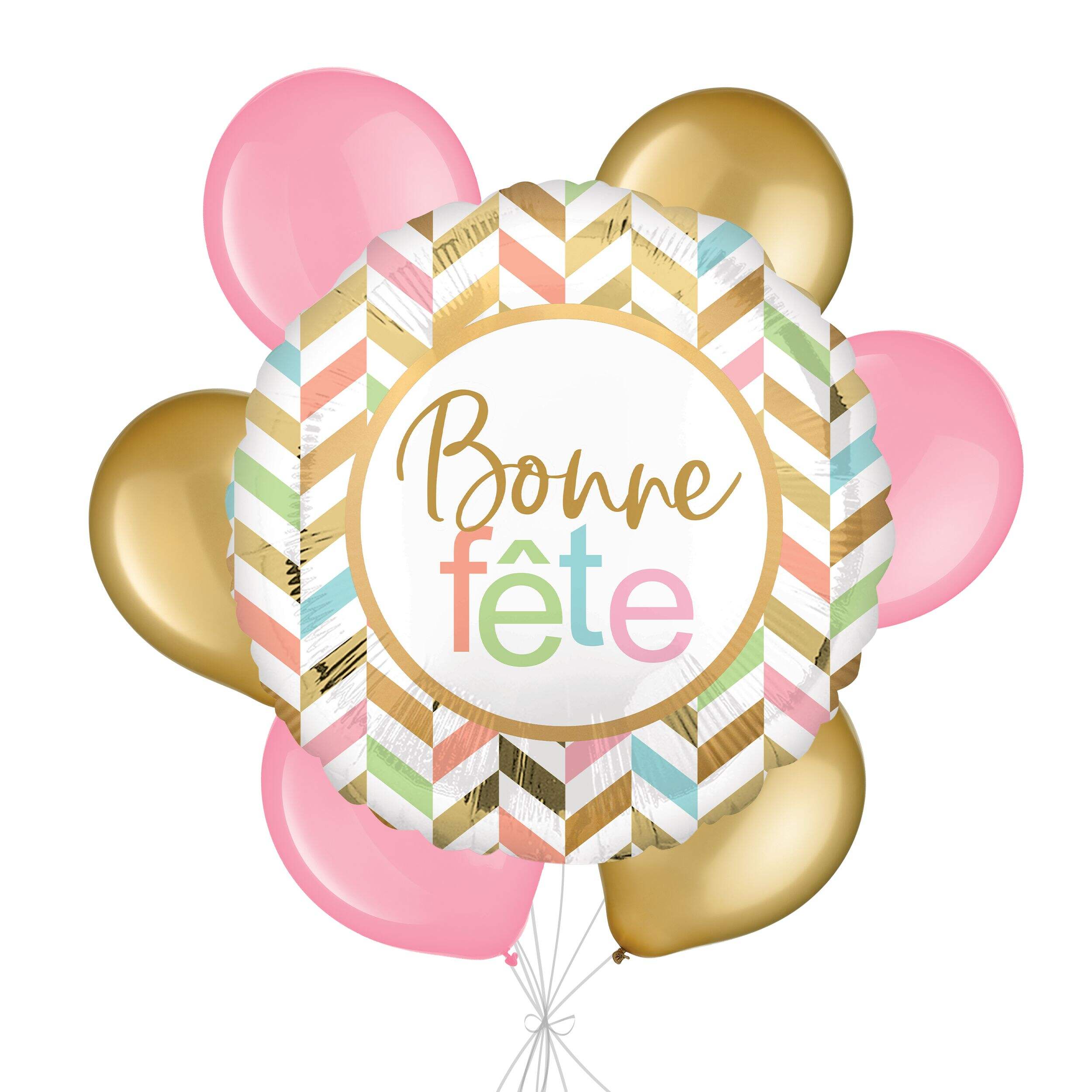 “Bonne Fête” French Happy Birthday Pastel Stripe Jumbo Balloon Bouquet with Latex Balloons, New Pink/Gold, 7-pk, Helium Inflation & Ribbon Included Front_Flat