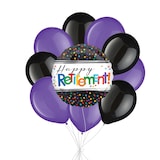 "Happy Retirement" Round Polka Dot Satin Foil Balloon Bouquet with Latex Balloons, Black/Multi-Coloured, 10-pk, Helium Inflation & Ribbon Included Front_Flat