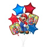 "Super Mario" Jumbo Balloon Bouquet with Star Foil Balloons, Blue/Red, 7-pk, Helium Inflation & Ribbon Included for Kids’ Birthday Front_Flat