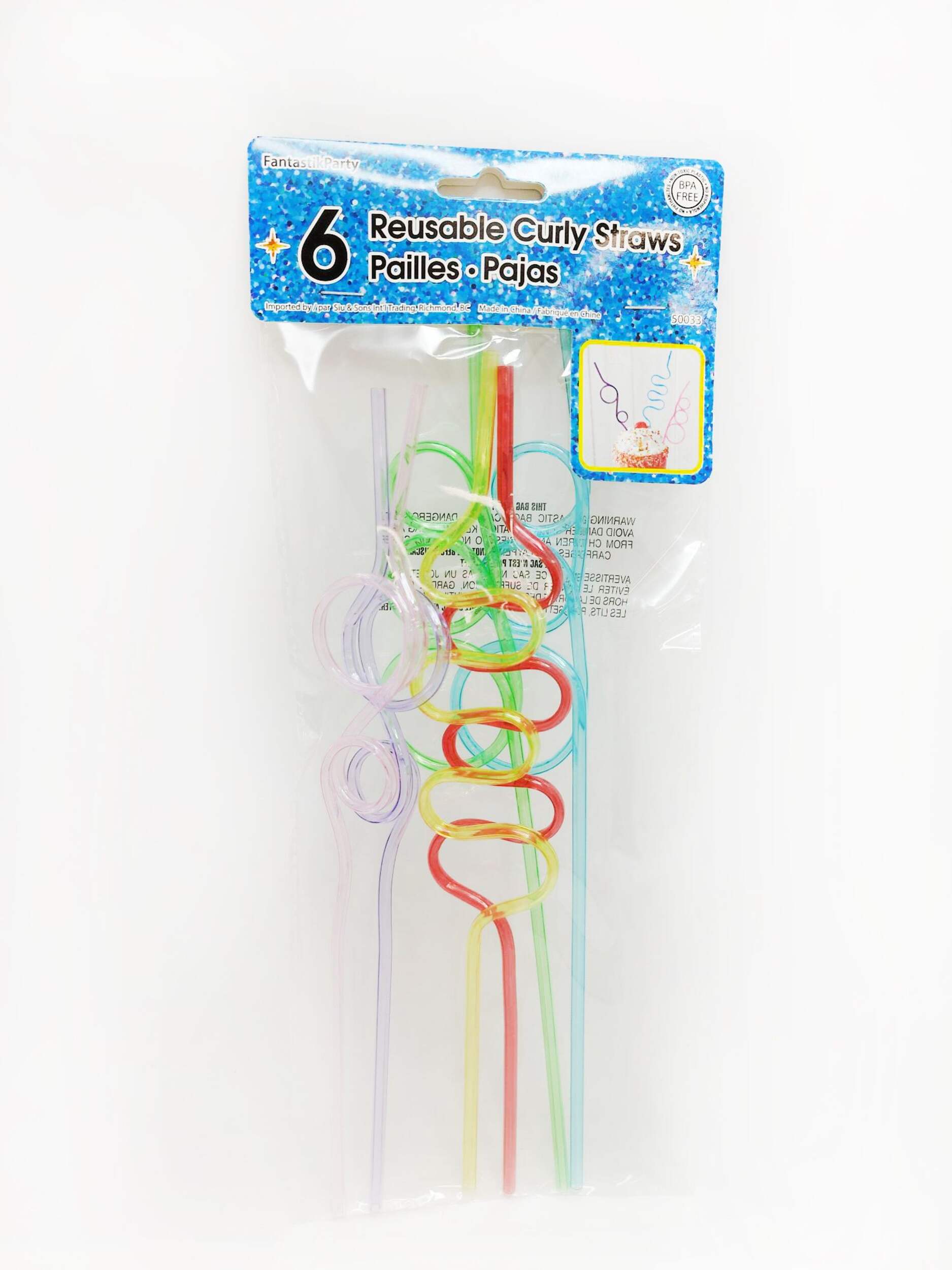 Reusable Silly Straws for Party Favours, 6-pc Plastic Drinking Straws Front_Flat