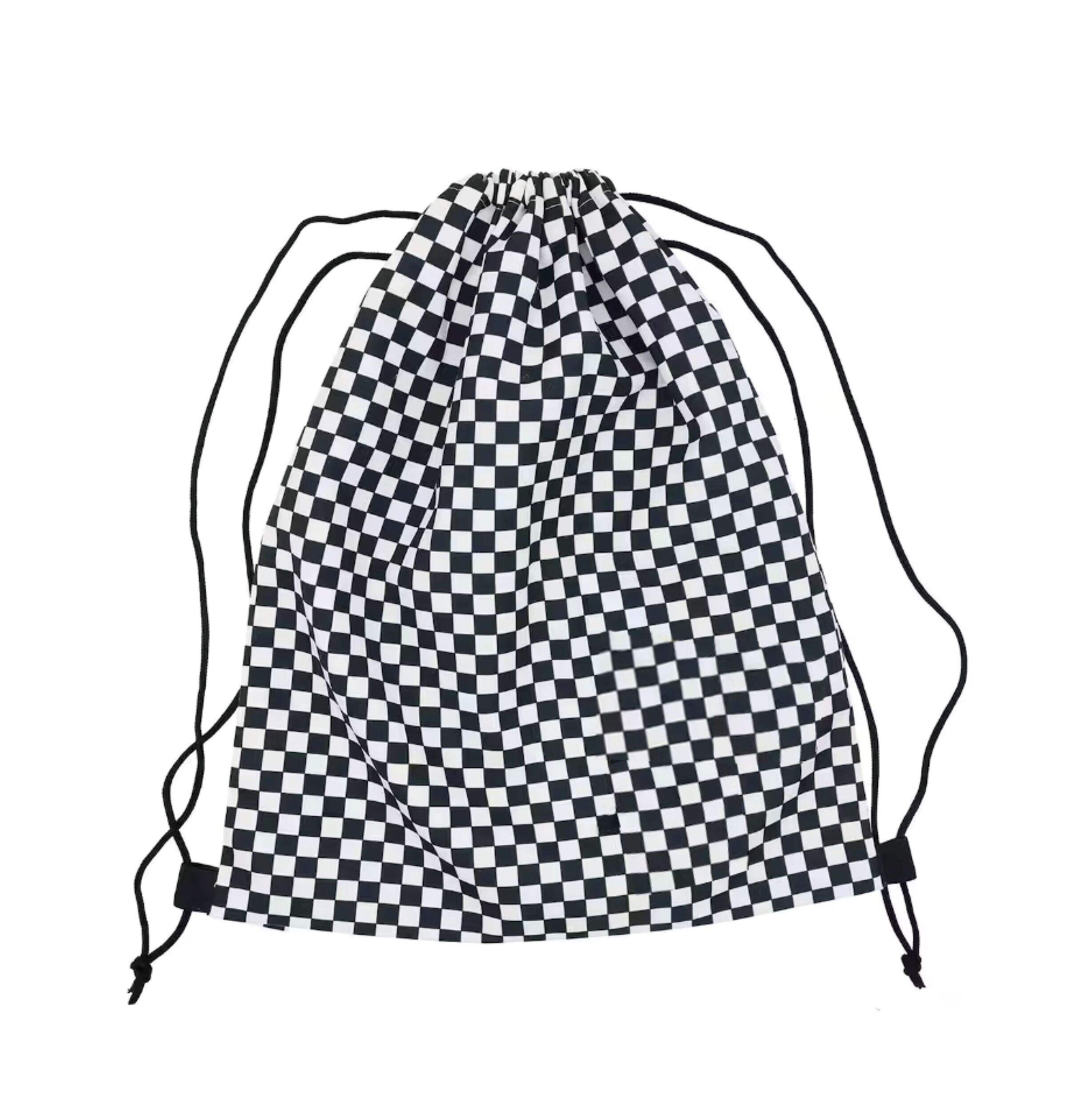 Checked String Backpack Drawstring Bag Wearable Accessory, Black/White Front_Flat