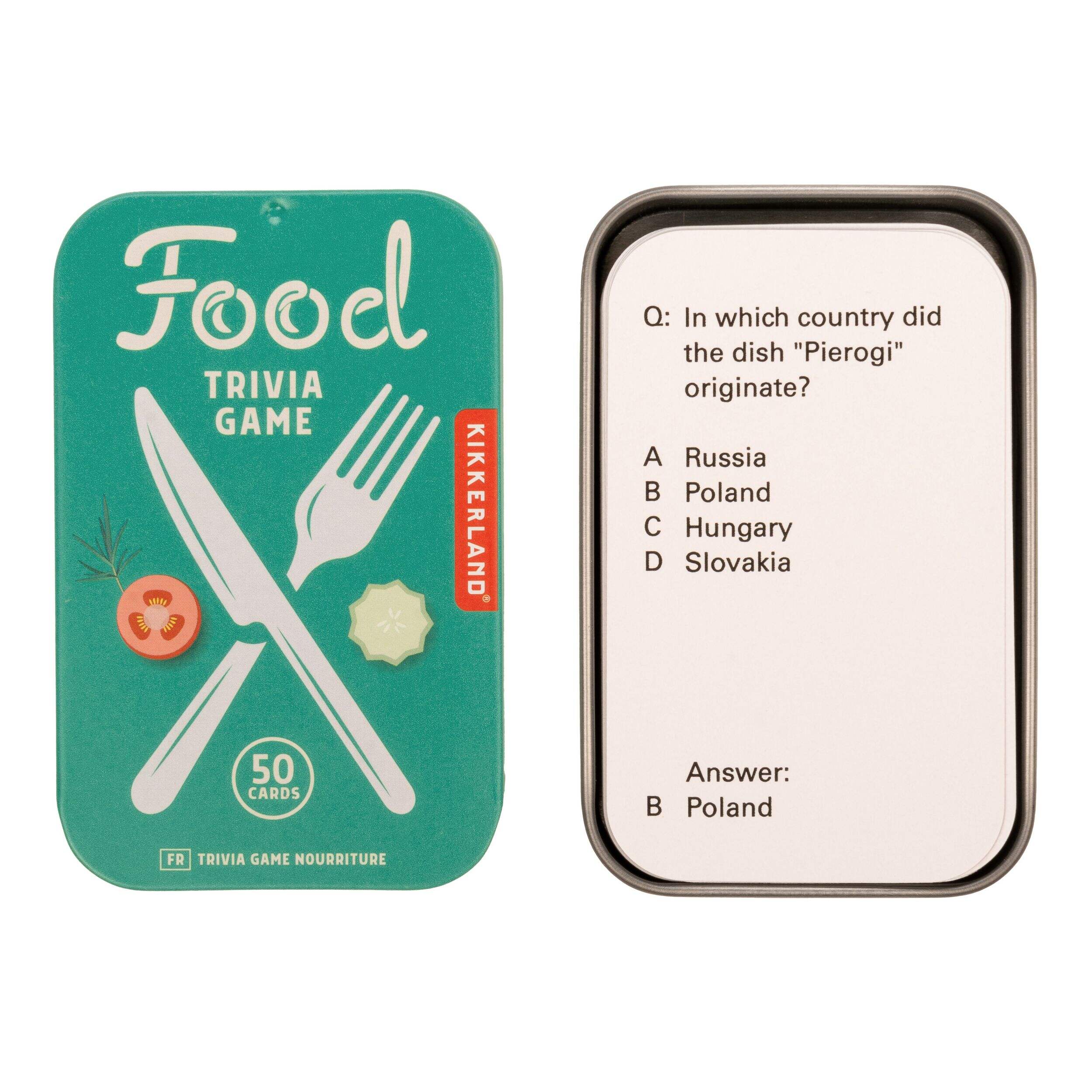 Food Trivia Card Game, 50 Unique Cards, English, All Ages Overhead_Flat