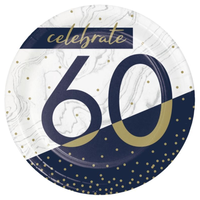 "Celebrate 60" Round Paper Disposable Dessert Plates, Navy/White, 7-in, 8-pk, for Milestine Birthday Overhead_Flat
