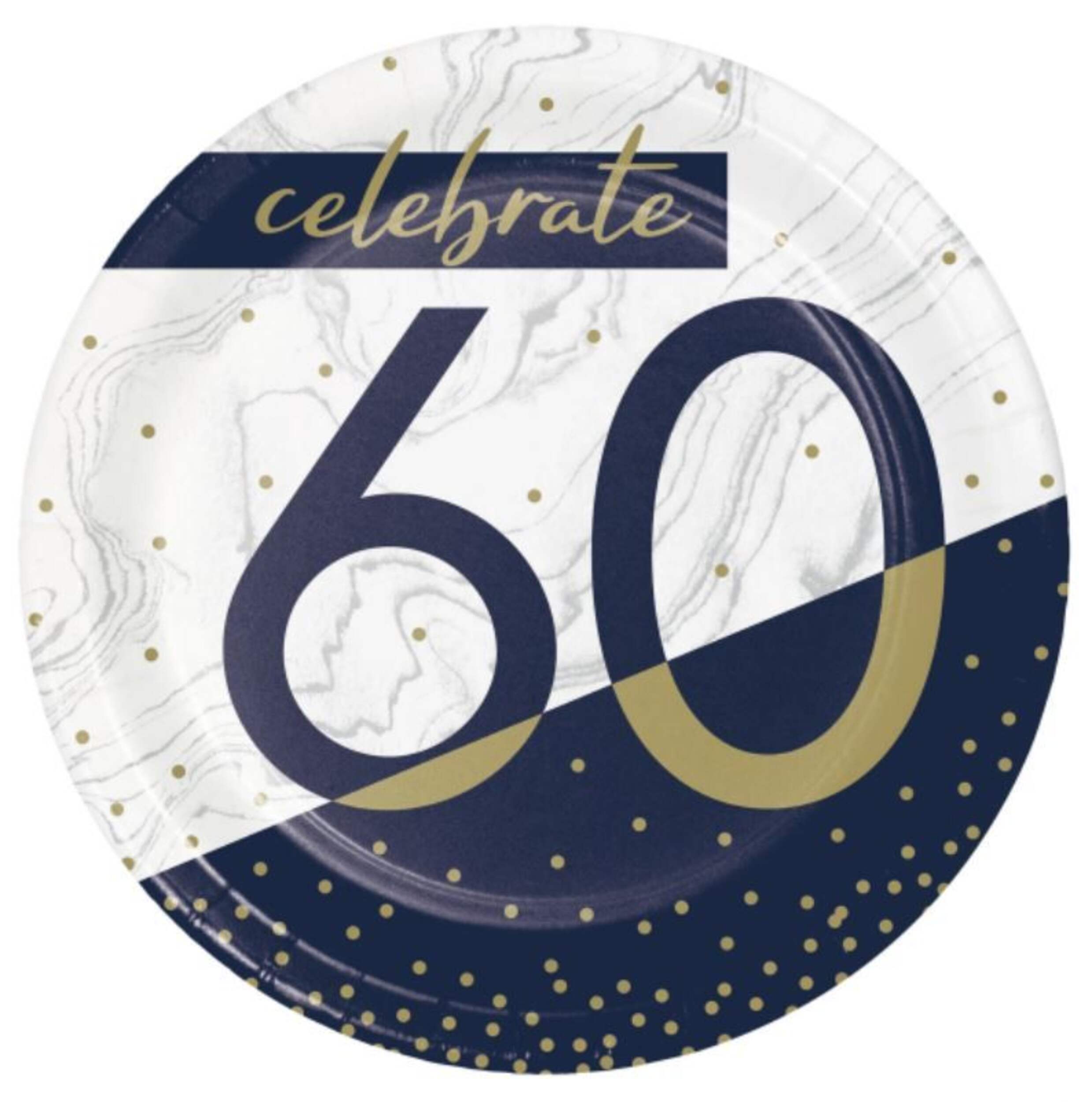 "Celebrate 60" Round Paper Disposable Dessert Plates, Navy/White, 7-in, 8-pk, for Milestine Birthday Overhead_Flat