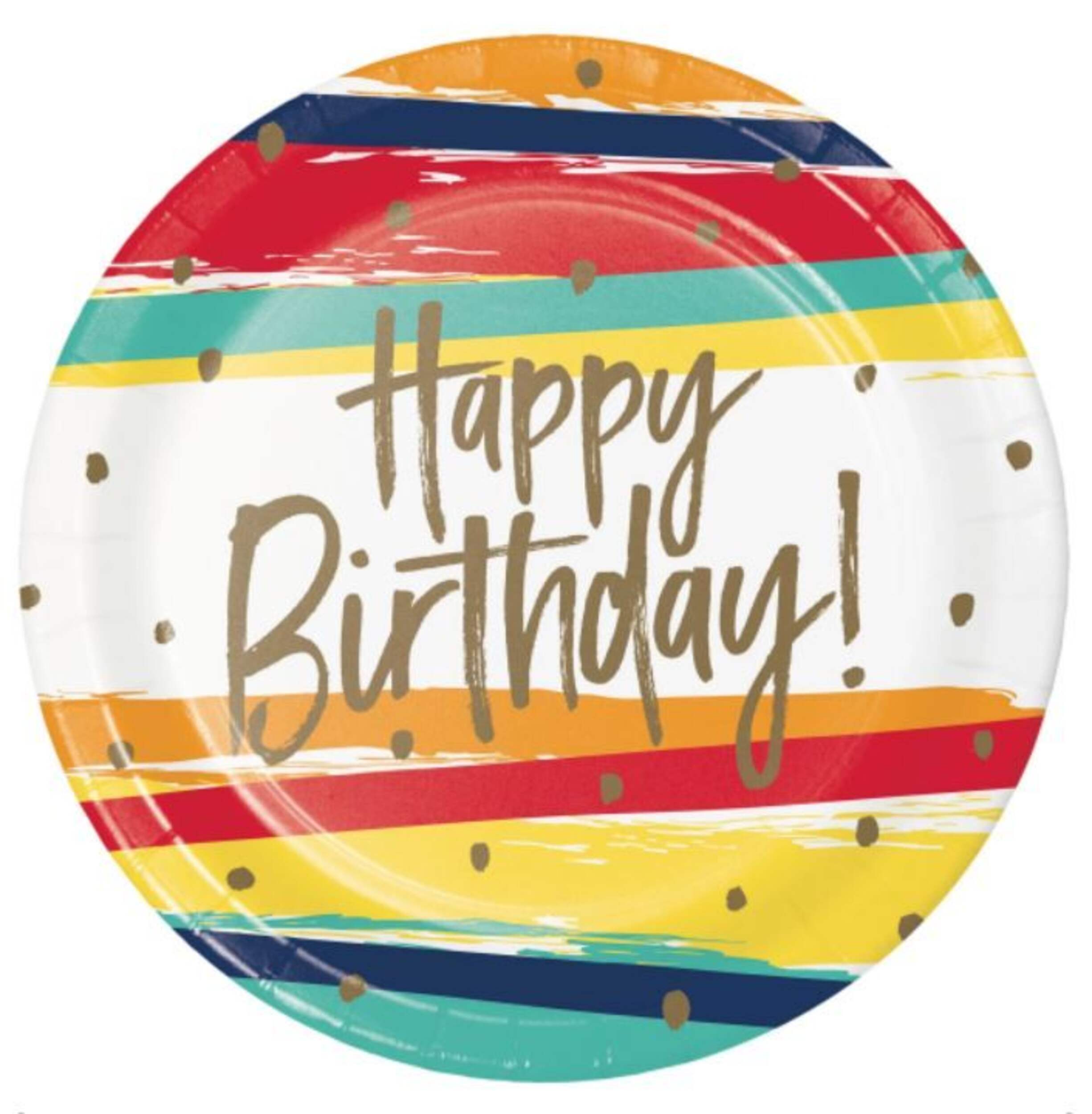 "Happy Birthday" Round Paper Disposable Lunch Plates, Multi-Coloured, Striped, 9-in, 8-pk, for Birthday Party Overhead_Flat