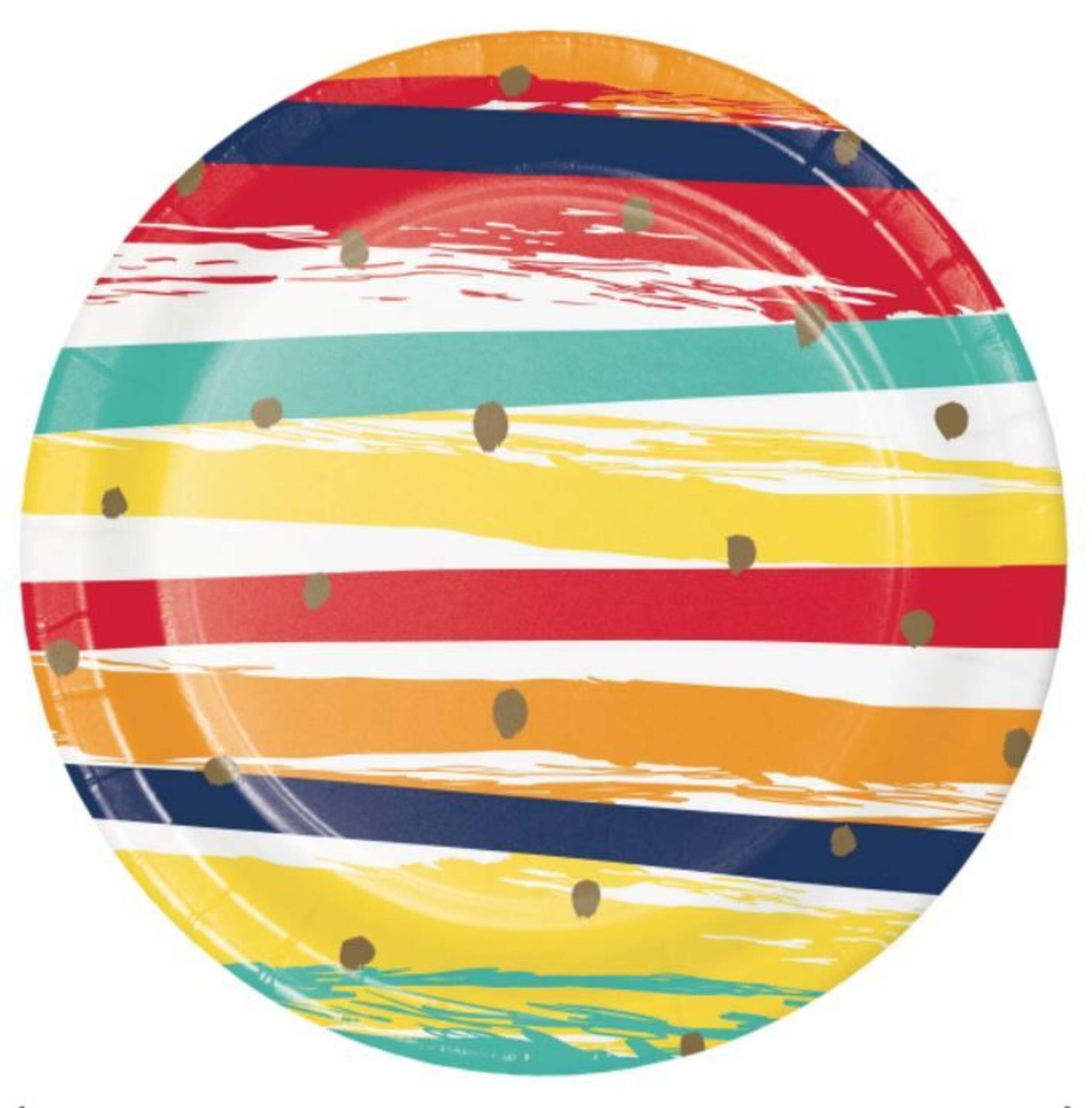 Round Paper Disposable Dessert Plates, Multi-Coloured, Striped, 7-in, 8-pk, for Birthday Party Overhead_Flat