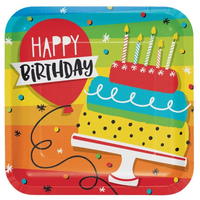 "Happy Birthday" Square Paper Disposable Lunch Plates, Multi-Coloured, 9-in, 8-pk, for Birthday Party Overhead_Flat