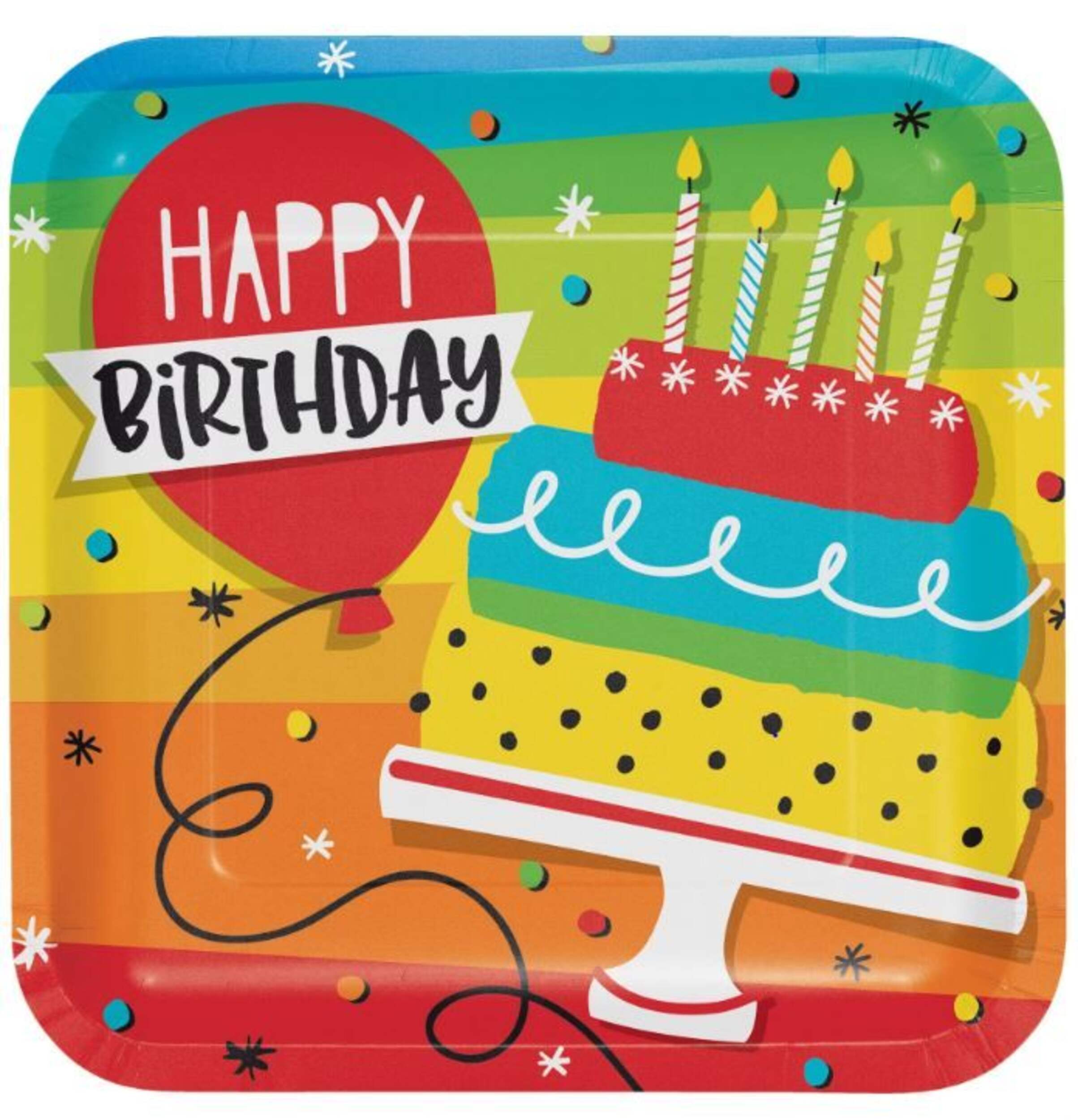 "Happy Birthday" Square Paper Disposable Lunch Plates, Multi-Coloured, 9-in, 8-pk, for Birthday Party Overhead_Flat
