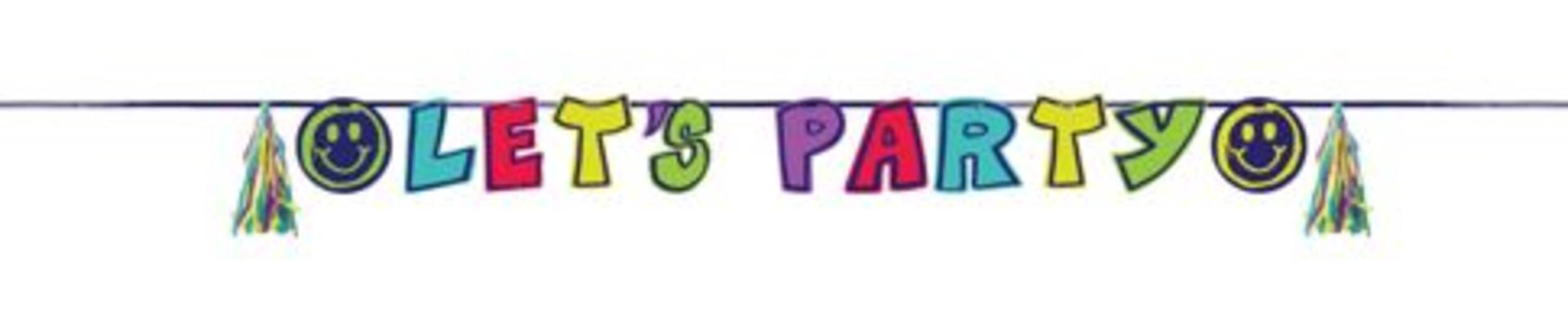 Graffiti Party 'Let's Party' Banner with Tassels, Multi-Coloured, 8-ft, 12-pk, Hanging Decoration for Birthday Party Front_Flat